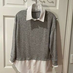 LONG SLEEVE KNIT HEATHER GREY TOP WITH SHIRT COLLAR & CUFFS AND SHIRT BOTTOM.
